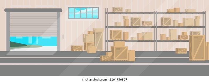 Cartoon of a large warehouse with shelves and boxes.