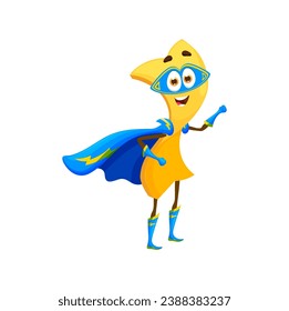 Cartoon lasagna pasta superhero character. Isolated vector quirky and fun super hero wear blue cape and mask. Crime-fighting defender or vigilante food personage for recipe, comic book or animation