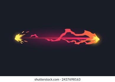 Rayo láser de caricatura. Rayos de armas de combate alienígenas. Efecto de tiro futurista. Flujo de plasma destructivo. Explosión de ataque con bomba. Elemento de juego vectorial