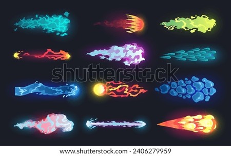 Cartoon laser gun beam. Alien combat weapon rays. Futuristic shot effect. Destructive plasma flow. Bomb blaster attack explosion. Vector game element
