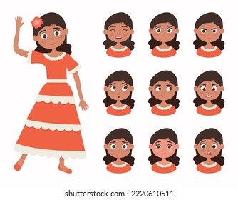 Cartoon latin girl, set character emotion, vector illustration on white background