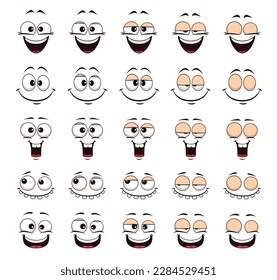 Cartoon laugh or giggle face and blink eye animation sprite sheet with winking emoji or emoticon vector characters. Frame sequence of happy face personages with eye opening and closing animation steps svg
