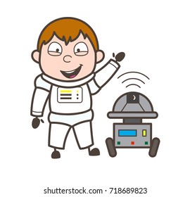 Cartoon Laughing Astronaut with Robot Vector Illustration