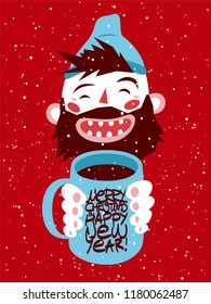 Cartoon laughing bearded man holds a mug with a hot drink in his hands. Vintage Christmas card or poster design. Retro vector illustration.