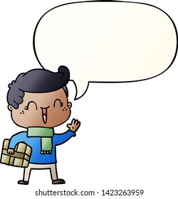 caricatura niño riéndose con burbuja de habla en un estilo de gradiente suave