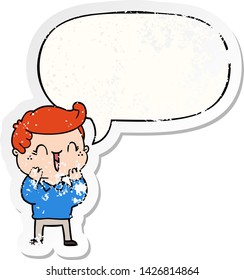 caricatura niño riéndose con burbuja de habla angustiado viejo pegatina