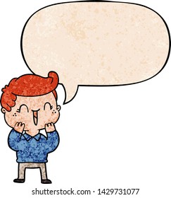 cartoon laughing boy with speech bubble in retro texture style