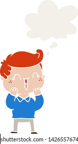 caricatura niño riéndose con burbuja de pensamiento en estilo retro