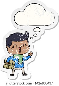 cartoon laughing boy with thought bubble as a distressed worn sticker