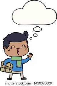 caricatura riéndose chico con burbuja de pensamiento