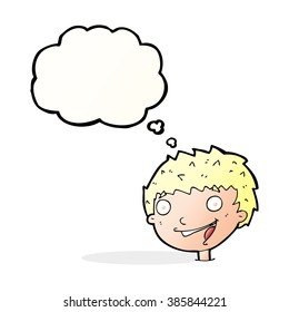 cartoon laughing boy with thought bubble