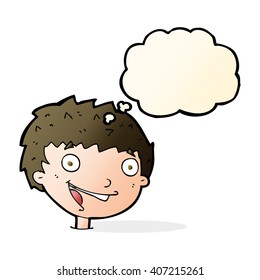 cartoon laughing boy with thought bubble
