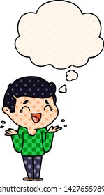 cartoon laughing confused man with thought bubble in comic book style