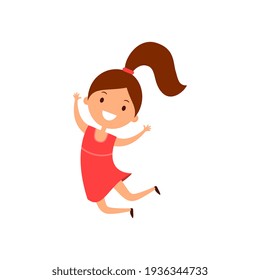 Cartoon laughing dark-haired girl  jumping. Illustration happy child in red dress. Joyful teenager