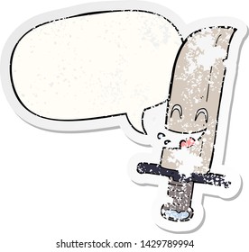 cartoon laughing knife with speech bubble distressed distressed old sticker