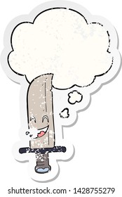 cartoon laughing knife with thought bubble as a distressed worn sticker