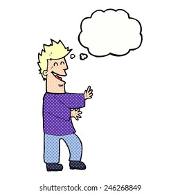 cartoon laughing man with thought bubble