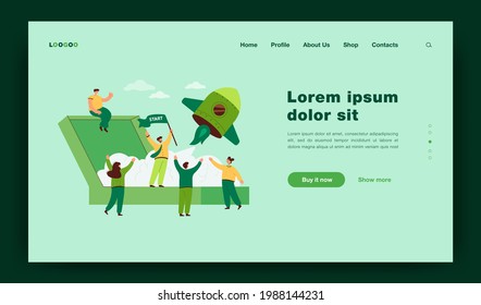 Cartoon launching new business project flat vector illustration. Team of people making startup with spaceship, developing creative idea together. Startup, teamwork, business concept for banner design