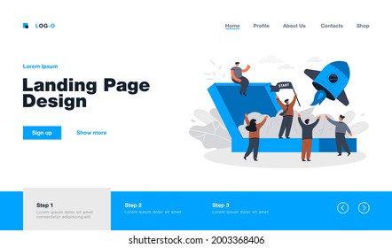 Cartoon launching new business project flat vector illustration. Team of people making startup with spaceship, developing creative idea together. Startup, teamwork, business concept for banner design