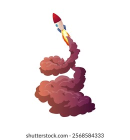 Cartoon launching rocket with swirl flame and smoke trail vector illustration. Plumed spaceship missile trail. Space shuttle fiery gas or vapor exhaust steam. Jet aircraft start speed blast cloud tail