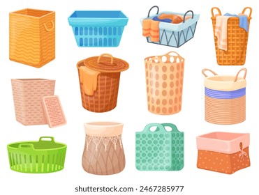 Cartoon laundry baskets. Plastic round basket or empty hamper dirty cloths, square container box home storage heap clothing for washing, things hampers set neat vector illustration of laundry basket