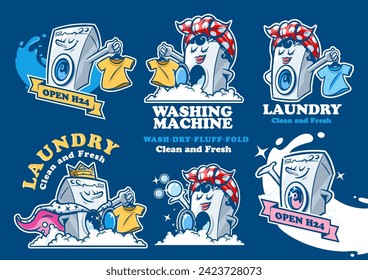 cartoon laundry business washing machine mascot logos set