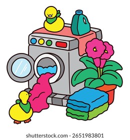 Cartoon Laundry with Ducks and Washing Machine