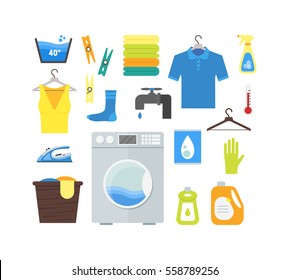 Cartoon Laundry Set. Washing and Ironing Housework Flat Design Style Vector illustration