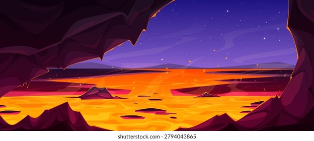 Cartoon lava cave background with flowing magma. Vector illustration of rocky underground hell landscape, burning hot volcanic liquid, night sky with stars, fantasy adventure game scene backdrop