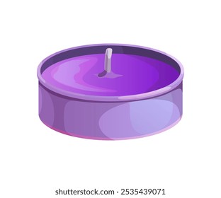 Vela de lavanda de dibujos animados en recipiente redondo púrpura. Vela de Vector aislada con aroma a flores con vibrante color púrpura enfatiza la atmósfera calmante y relajante para el spa, el bienestar, la aromaterapia o la relajación