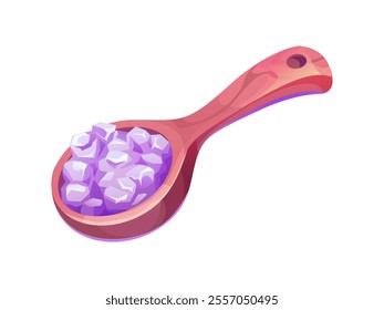 Cartoon lavender cosmetics, aroma salt for SPA or oil perfume and wellness, vector icon. Provence lavender flowers salt in wooden spoon for SPA or aromatherapy and natural herbal cosmetics design