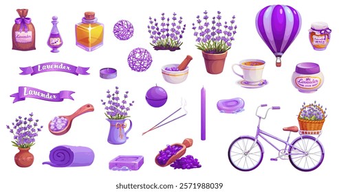 Cartoon lavender cosmetics and care, oil, perfume and flowers. Vector set including wildflower bouquet in pot or vase, hot air balloon and products like honey, soap and candles, tea, cream and bicycle