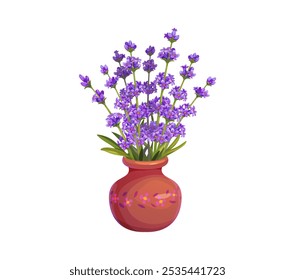 Cartoon lavender flowers arranged in a decorative clay brown vase with a purple floral pattern. Isolated vector arrangement of vibrant fresh purple blossoms conveys springtime feel for home decoration