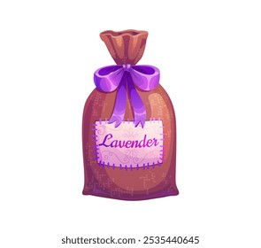 Bolso perfumado de lavanda de dibujos animados adornado con una cinta púrpura. Saco de bolsita de Vector aislado para aromaterapia, cosméticos y cuidado personal, enfatiza la relajación y la fragancia natural, el bienestar y la belleza