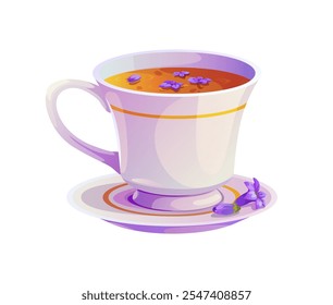 Té de lavanda de dibujos animados en una elegante taza blanca, adornada con delicadas flores púrpuras. Taza de porcelana de Vector aislada llena de bebida de hierbas y flores naturales evoca una sensación de relajación y bienestar