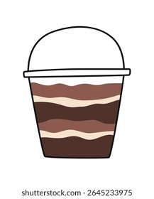 Cartoon layered dessert in a disposable cup. Vector flat illustration. White background.