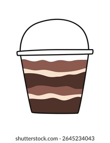 Cartoon layered dessert in a disposable cup. Vector flat illustration. White background.