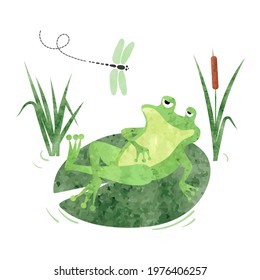 Cartoon lazy Frog on lily pad. Vector watercolor illustration for kids