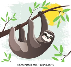 Cartoon lazy Hanging Sloth in a rain forest 
on a tree branch. Funny childish character. Stylized Flat style Vector Illustration.