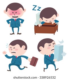 cartoon lazy, late for work, angry and overwork business man isolated on white background