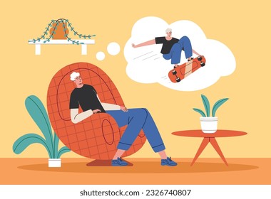 Cartoon lazy man dreams. Guy fell asleep in comfortable chair. Extreme skateboard jumps in thoughts cloud. Boy imagining about riding skateboard. Sedentary lifestyle