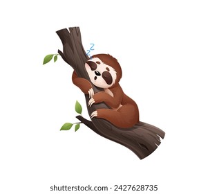 Caricatura perezoso perezoso animal personaje duerme en el árbol. Vector aislado lindo personaje tropical dormita pacíficamente o siesta con expresión tranquila, capturando la esencia de su naturaleza lenta y relajada