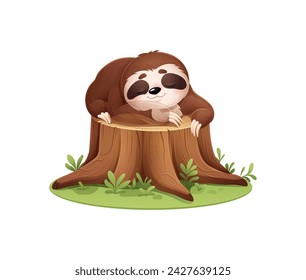 Cartoon lazy sloth animal character sleeping on stump. Vector cute tropical personage peacefully sleep on tree stub, its eyes closed and a content smile on its face, express relaxation and tranquility