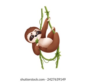 Cartoon lazy sloth animal character on tropical liana, munching on a green leaf. Isolated vector adorable and cute jungle personage enjoying eating the tasty meal, with relaxed face expression