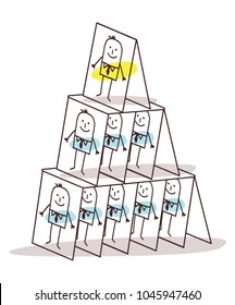 Cartoon Leadership and Cards Pyramid
