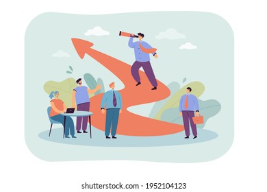 Cartoon leadership and teamwork in business challenge. Flat vector illustration. Business people training plan and running for leader with spyglass. Success, achievement concept for banner design