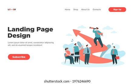 Cartoon Leadership And Teamwork In Business Challenge. Flat Vector Illustration. Business People Training Plan And Running For Leader With Spyglass. Success, Achievement Concept For Banner Design