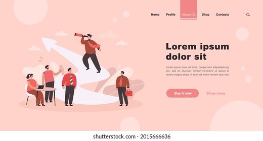 Cartoon Leadership And Teamwork In Business Challenge. Flat Vector Illustration. Business People Training Plan And Running For Leader With Spyglass. Success, Achievement Concept For Banner Design