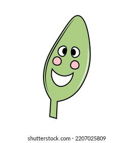 Cartoon leaf character vector illustration. Childish print for kids, eco emblem. Simple decorative nature element in doodle outline stroke style