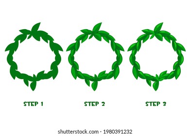 Cartoon leaf frames, green pattern in 3 steps for ui games.